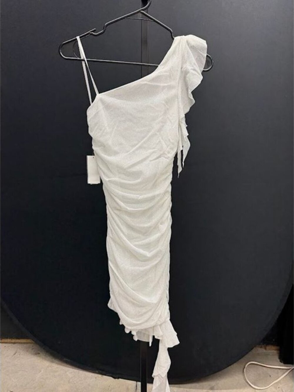 B. Darlin White Glitter One Shoulder Ruffle Ruched Mini Dress